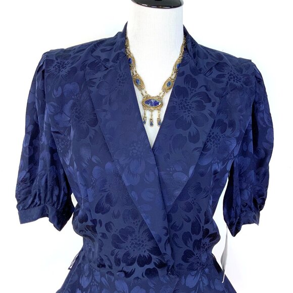 New Vintage Argenti Silk Floral Jacquard  Navy/Purple Peplum Blouse Size 8 - Picture 14 of 16